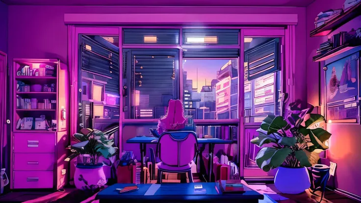 girls are traders, pink theme, style anime, computer, living room, in the computer screen is chart stock night light , (very det...