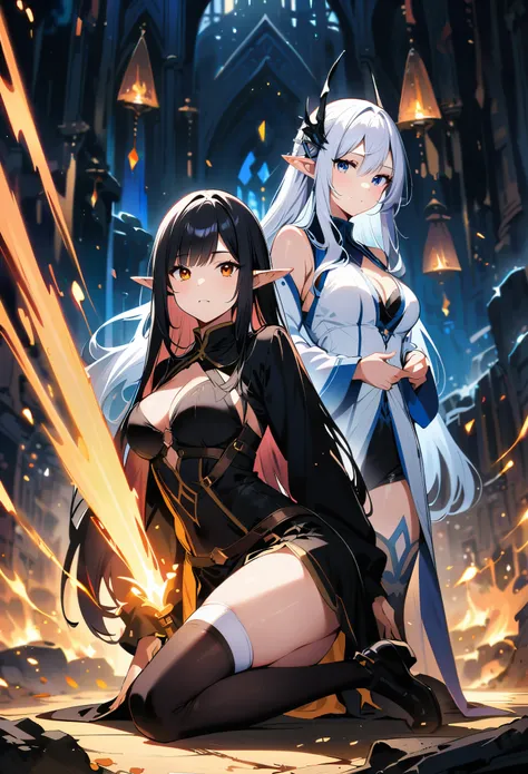 dark elf, 2girls, pointy ears, thighhighs, long hair, kneeling, black hair, looking at viewer, white hair, magic movie scene，fan...