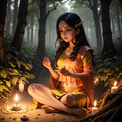 nature girl diwali celebration in forest  