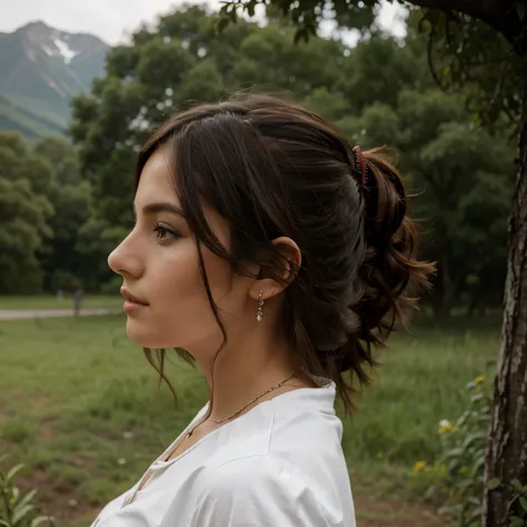 Pretty woman uncovered, in profile, and her hair becomes nature, looking like the mother mountain  