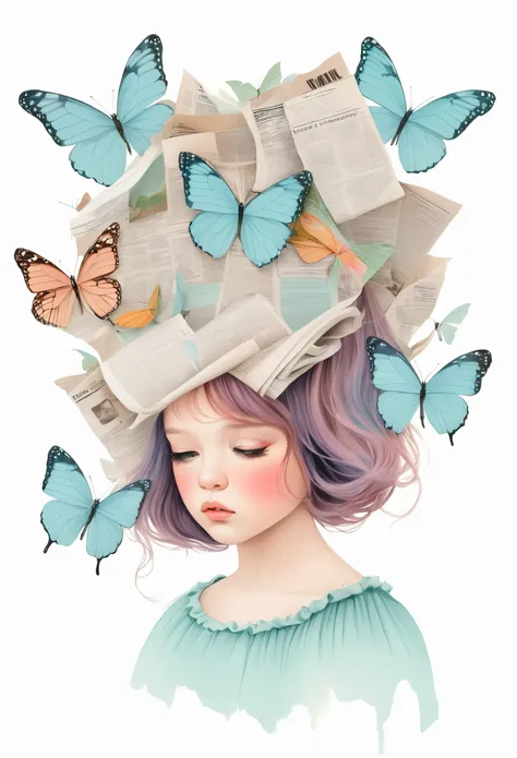 An illustration：1 girl, alone，Girl with butterfly and newspaper clipping on her head, White background, pastel colors.
