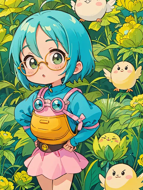 akira toriyama style, kawaii design, most beautiful girl ever、chibi、stylish glasses、beautiful spring afternoon、birdie、light of h...