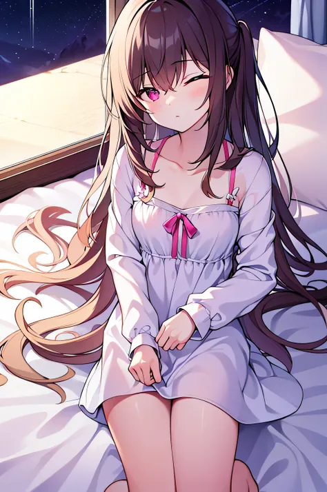 long hair, bangs, sleep with eyes closed,windows，romantic starry sky，a shooting star passed by,pink nightgown,white string under...