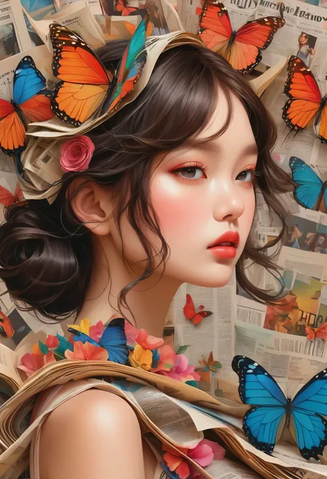 A girl with a side profile, alone, wearing a magazine cover dress, detailed facial features and long eyelashes, with a butterfly perched on her head, surrounded by an arrangement of cut-out newspaper clippings. The girls face is photorealistic and detailed...