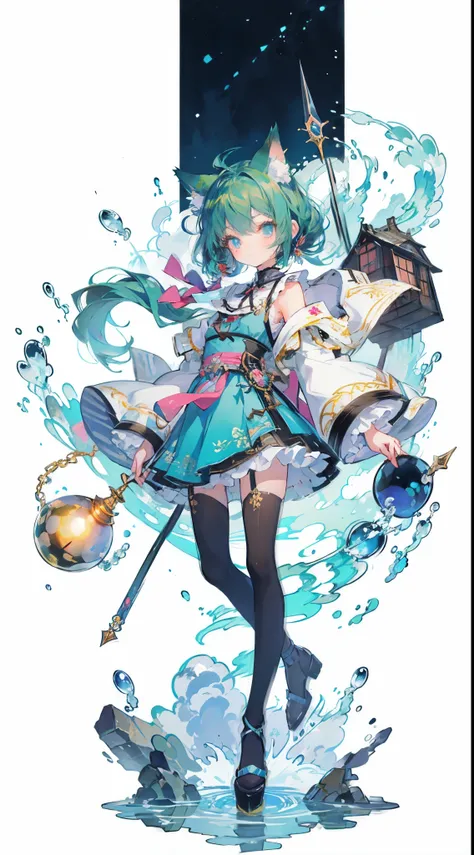 ((table top, highest quality: 1.1), ((Anime girl in a blue dress with a magic wand)), art nouveau、Anime cat girl wearing a maid costume, , ((Green hairs))、long haired person、((Eyes that shine like jewels, long eyelashes, and a sense of transparency))、Very ...