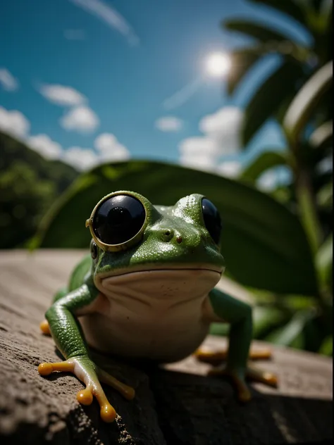 hyper-detailed photograph of a frog wearing sunglasses under a tropical sky, day time,|photographic, realismo llevado al extremo...