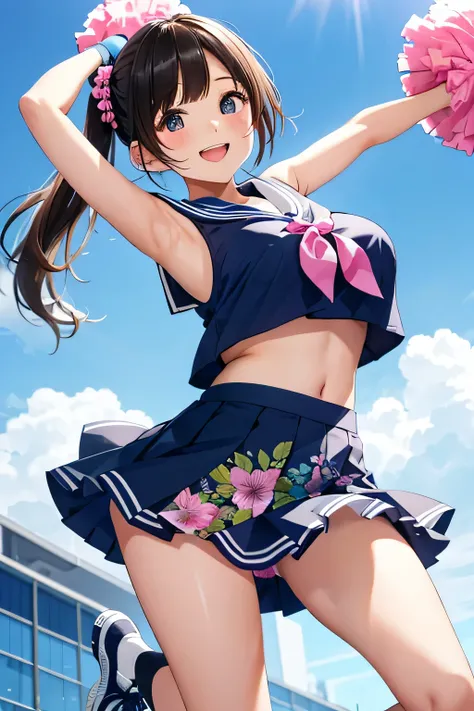 highest quality、High resolution、detailed background、cute10代の女の子、two beautiful girls、brown hair、bob cut、braided ponytail、(huge breasts:1.3)、perfect body line、big ass、vast sky、jump and fly in the sky、(Cheerleader、I&#39;We&#39;re rooting for you)、(pom pom:1.2...