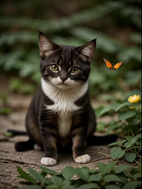 un lindo gatito jugando con una mariposa vibrante en un ambiente sereno., fondo neutro, capturado con sorprendente detalle y vit...