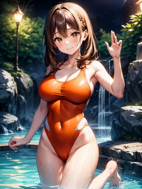 highest quality、one beautiful woman、beautiful big breasted woman:1.5、medium hair woman、(brown haired woman:1.3)、((Woman in orange competitive swimsuit:1.3))、bare hands、barefoot、Hot springs at luxury inns、Open-air bath surrounded by stones、light up、night、sm...