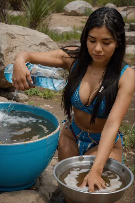 An indigenous woman holding planet Earth in her hands pouring water