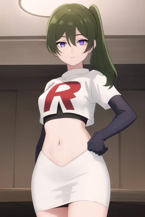 (masterpiece), best quality, high resolution, extremely detailed, detailed background, perfect lighting,ubel, medium hair, hair between eyes, green hair, side ponytail, (purple eyes:1.1), (t-shirt:1.5), joyful eyes, cute pose, BREAK indoors, hot springs, B...