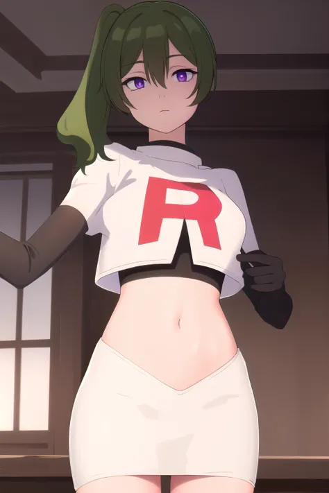 (masterpiece), best quality, high resolution, extremely detailed, detailed background, perfect lighting,ubel, medium hair, hair between eyes, green hair, side ponytail, (purple eyes:1.1), (t-shirt:1.5), joyful eyes, cute pose, BREAK indoors, hot springs, B...