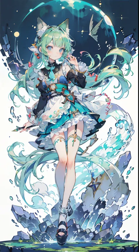 ((table top, highest quality: 1.1), ((Anime girl in a blue dress with a magic wand)), art nouveau、Anime cat girl wearing a maid costume, , ((Green hairs))、long haired person、((Eyes that shine like jewels, long eyelashes, and a sense of transparency))、Very ...