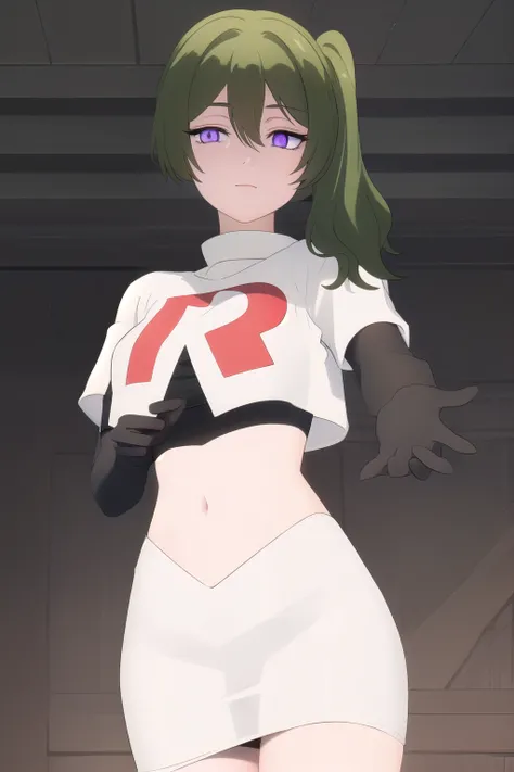 (masterpiece), best quality, high resolution, extremely detailed, detailed background, perfect lighting,ubel, medium hair, hair between eyes, green hair, side ponytail, (purple eyes:1.1), (t-shirt:1.5), joyful eyes, cute pose, BREAK indoors, hot springs, B...