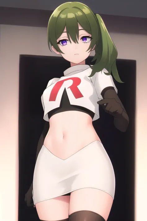 (masterpiece), best quality, high resolution, extremely detailed, detailed background, perfect lighting,ubel, medium hair, hair between eyes, green hair, side ponytail, (purple eyes:1.1), (t-shirt:1.5), joyful eyes, cute pose, BREAK indoors, hot springs, B...