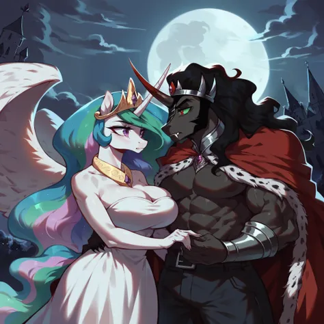 score_9,score_8_up,score_7_up, 1girl, 1boy, anthro, upper body, king sombra, unicorn, cloak, vampire, fangs, (muscular:1.4), narrow eyes, frown, red eyes, black fur, jewelry,( tall:1.0), (princess celestia), curvy, (huge breasts:1.0), (thick thighs:1.0), (...