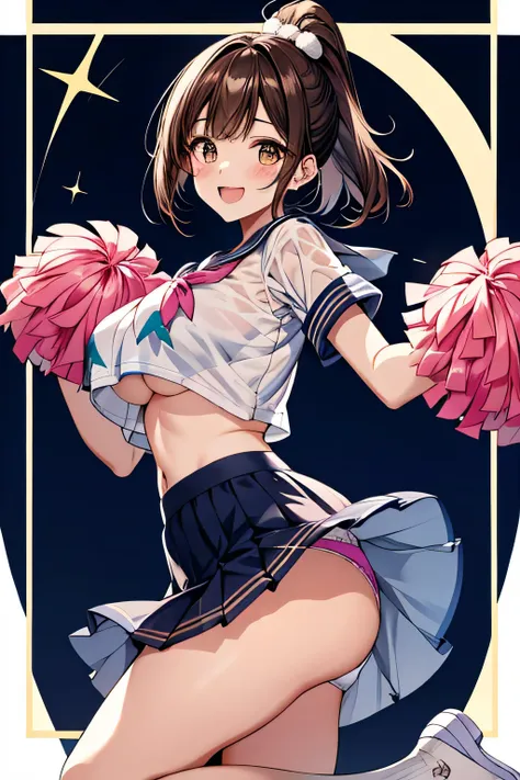 highest quality、High resolution、detailed background、cute10代の女の子、two beautiful girls、brown hair、bob cut、braided ponytail、(huge breasts:1.3)、perfect body line、big ass、vast sky、jump and fly in the sky、(Cheerleader、I&#39;We&#39;re rooting for you)、(pom pom:1.2...