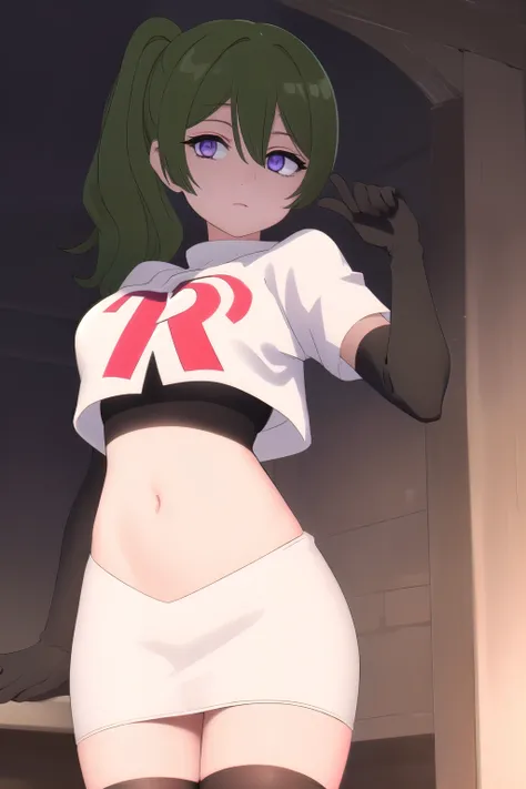 (masterpiece), best quality, high resolution, extremely detailed, detailed background, perfect lighting,ubel, medium hair, hair between eyes, green hair, side ponytail, (purple eyes:1.1), (t-shirt:1.5), joyful eyes, cute pose, BREAK indoors, hot springs, B...