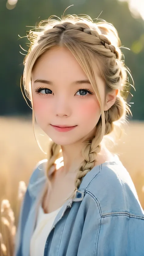 one woman、cute face、Also々new expression、Japanese、charming eyes、cream hair、french braid、18-year-old、gray eyes、camisole dress、blue jacket、outdoor、Alsoとした佇まい、wheat field