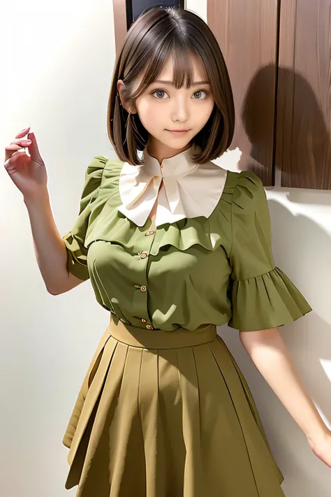 An arafe woman wearing a skirt and shirt taking a photo, puff sleeves, short sleeve, 柔らかくて可愛いcolor, 柔らかいcolor, sakimichan, with short hair, soft expression, color付きの, wide skirt, casual clothes, color, wear cute tops, olive, wearing smooth clothes, well-ve...