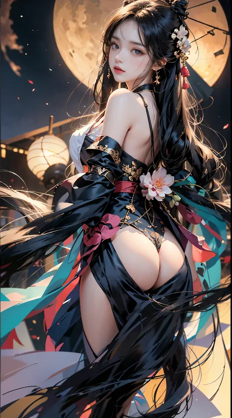 ((highest quality)),((excellent quality, 8K, masterpiece: 1.5)), The genitals are clean: 1.4, perfect body beauty: 1.4,  sexy hanfu clothes，sexy hanfu clothes，I can see your pants，gray hair，wet skin, sleeping in bed，back stance，pointy butt，round butt，point...