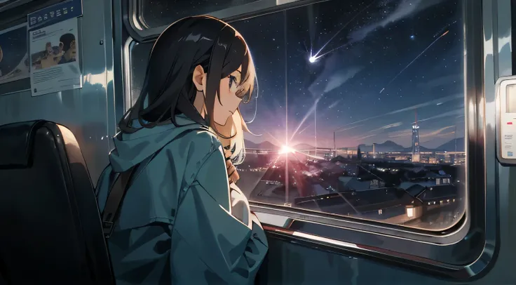 Train Girl、night sky view from the window、