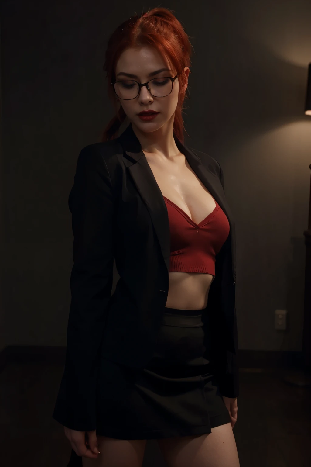 Woman, red hair, ponytail, glasses, black skirt and blazer, seductive eyes, red lips, 2d background, cinematic lighting, saliva, erotic scene, NSFW, UHD, masterpiece, desire, closed eyes.