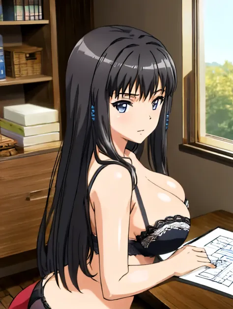 best quality, masterpiece, highres, detailed, digital illustration, himenokisara, black hair, long hair, large breasts, home, de...