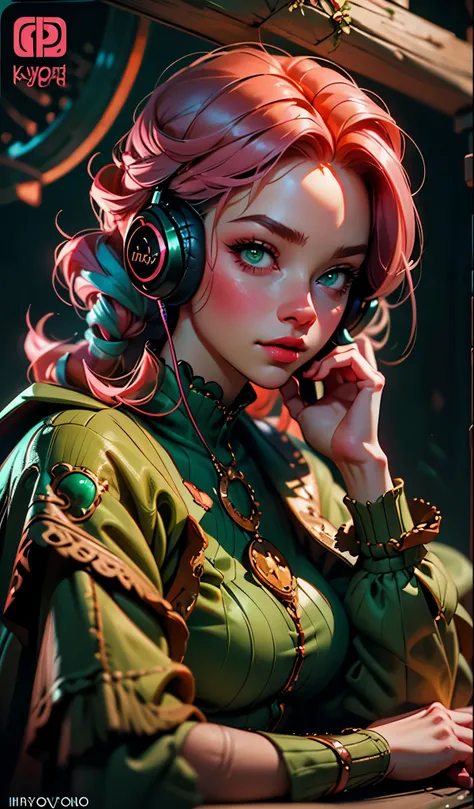 model girl wearing headphones, city background, emerald green eyes, pink hair, intricate details, aesthetically pleasing pastel ...