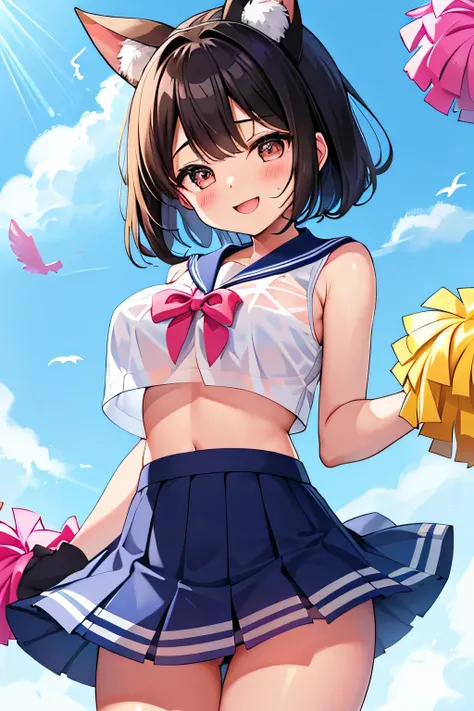 highest quality、High resolution、detailed background、cute10代の女の子、two beautiful girls、brown hair、bob cut、braided ponytail、(huge breasts:1.3)、perfect body line、big ass、vast sky、jump and fly in the sky、(Cheerleader、I&#39;We&#39;re rooting for you)、(pom pom:1.2...