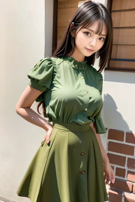 angle from below, An arafe woman wearing a skirt and shirt taking a photo, puff sleeves, short sleeve, 柔らかくて可愛いcolor, 柔らかいcolor, sakimichan, with long black hair, soft expression, color付きの, wide skirt, casual clothes, color, wear cute tops, olive, wearing ...