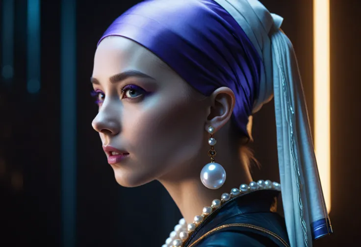 Portrait of a violet futuristic cyberpunk girl with a pearl earring, cinematic, movie still, dramatic lighting, keylighting