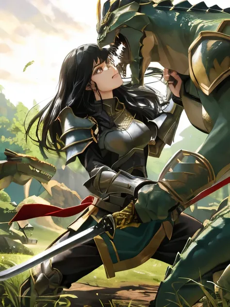 highest quality、battle between woman and lizardman、black haired woman、sharp eyes、bark、slash with a sword、light armor、lizardman b...