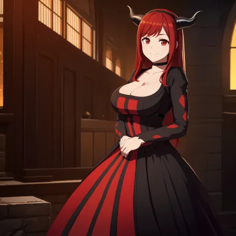 A woman with red hair, horns, red eyes, wearing horns, wearing a black dress with red details, surroundings of a large black castle, yellow sky, smiling, ultra definition, very detailed, masterpiece, 4k hd 16:9
