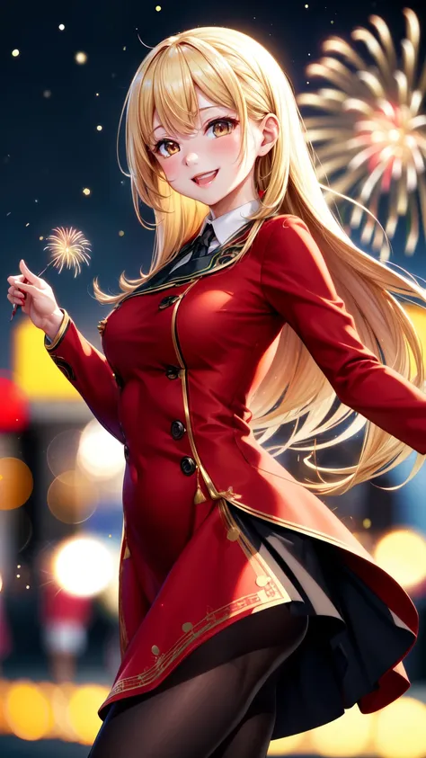 Full HD, Super detailed, high quality, master likes it, Bokeh, woman, 30 years, stockings, red midi dress, compensate, night, fireworks light,smile, Lens flare,long hair,blonde,front