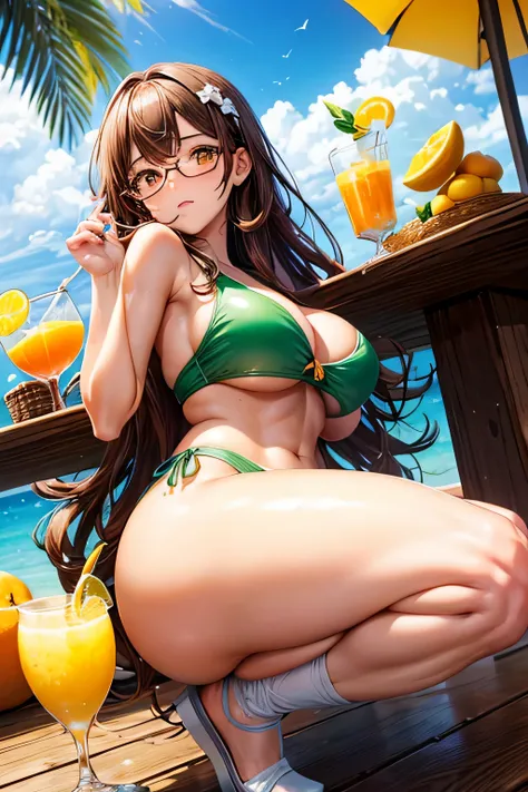 High resolution, high quality, 1 girl, anime girl, brown long hair, brown eyes,heart-shaped pupil, Green glasses, tanned skin, big breasts,beautiful breasts, (big ass),beautiful butt,白いスクールwater着,squat,(drink a lot of juice),(inflate one&#39;s stomach),(pu...