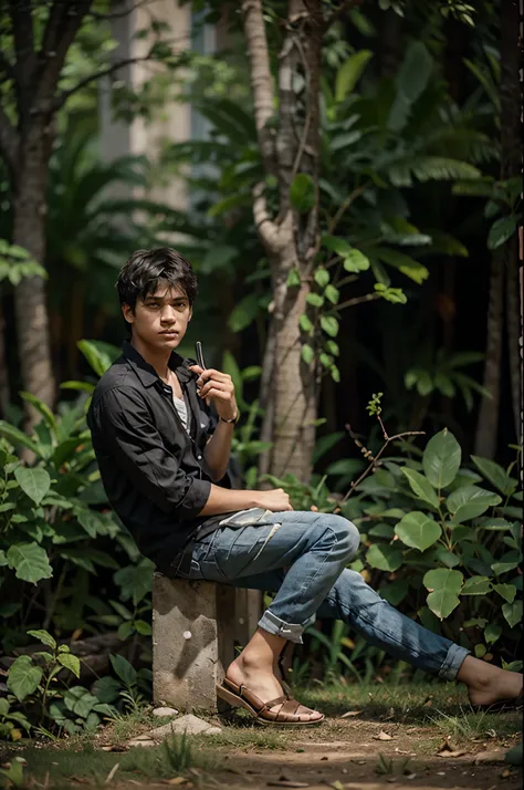 Siting a boy in a house hair black background 