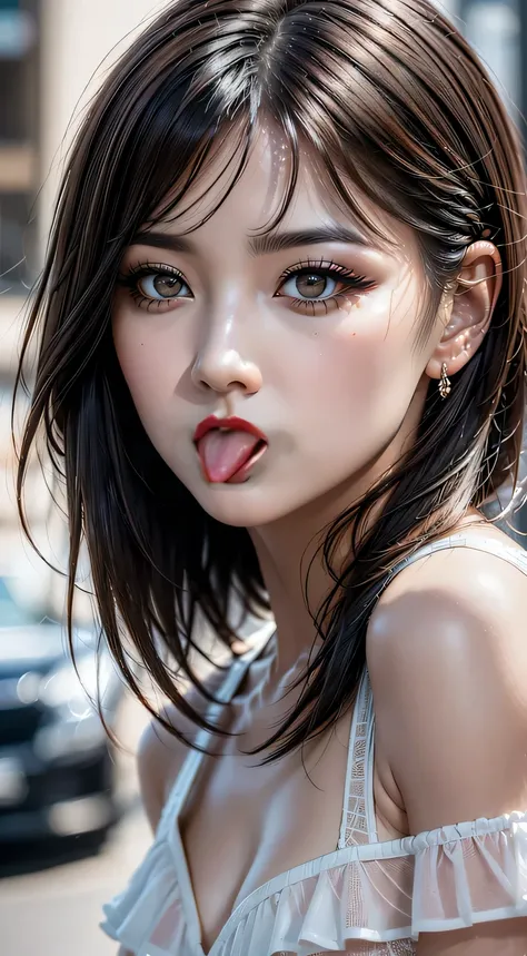 pink wet tongue、glossy red lip gloss