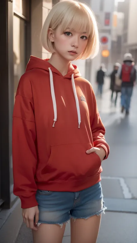 chisatonishikigi, nishikigi chisato, short hair, bangs, blonde hair, (red eyes:1.5), hair ribbon, one side up, bob cut,Oversized red hoodie hooded,red mask,shorts,black pantyhose,Both hands are in the pockets of the hoodie,walk,rain,cloudy sky,puddle,
brea...