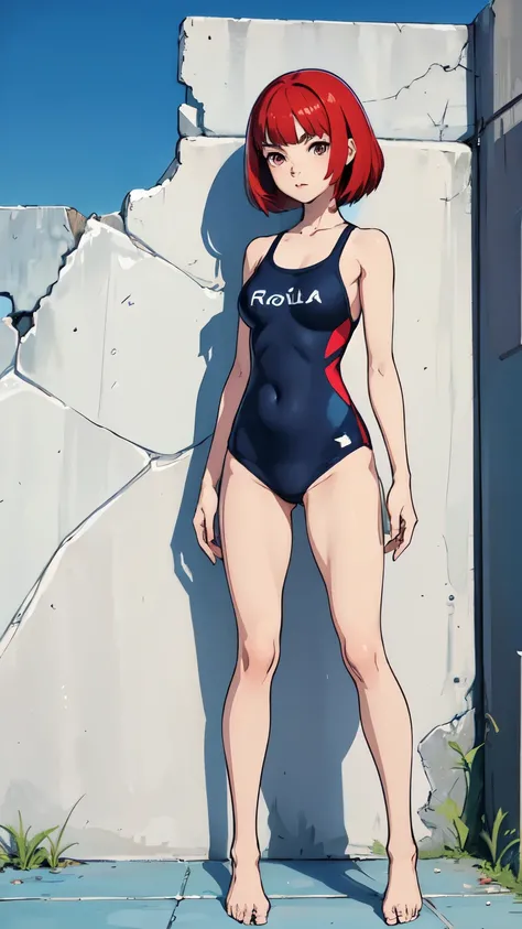 ((best quality)), ((masterpiece)), (detailed), perfect face, A 15-year-old girl, pelo rojo ojos azules, cuerpo completo, full body, mirada enojada, swimsuit.