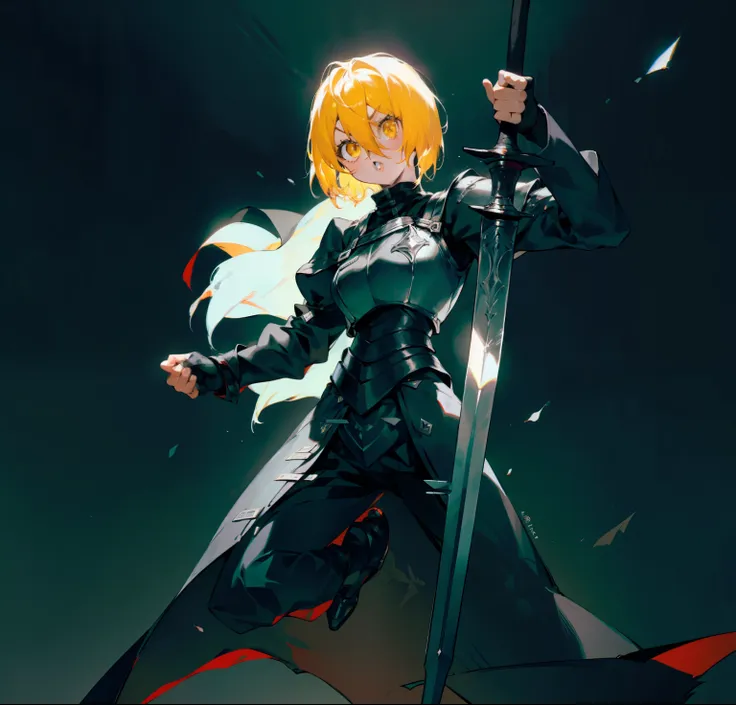 girl，元气girl，blonde，a close up of a person in armor holding a sword, light black armor, sharp black armor, sharp black armor, hor...