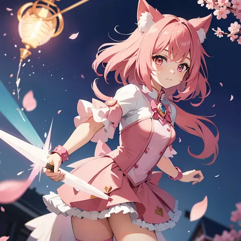 Pink wolf magical girl with cherryblossom powers and a magical weapon 