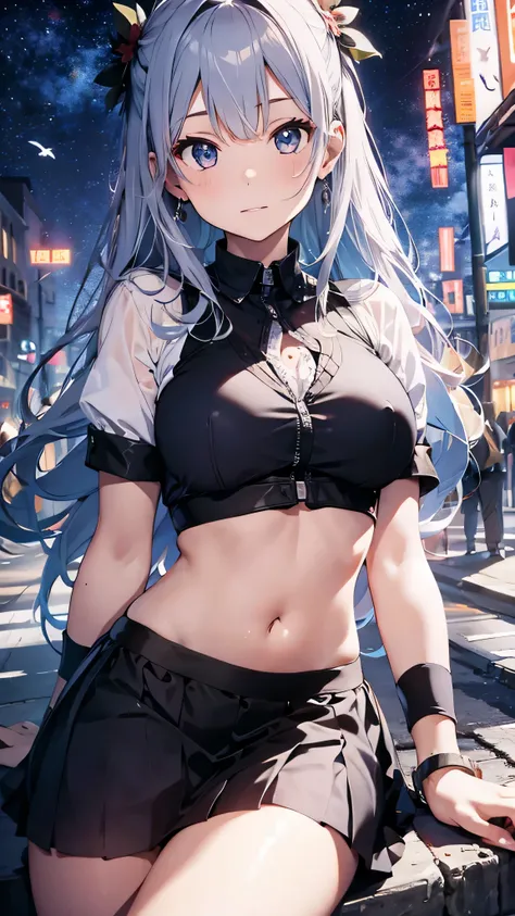 最high quality、best image quality、masterpiece、girl((20-year-old、 By becoming、vest bust、medium bust,wide open breast tea、shining eyes, silver hair、long hair、thin,highest valley、black 、black short skirt、shoulder tattoo,diamond earrings、Wristband、black gloves)...