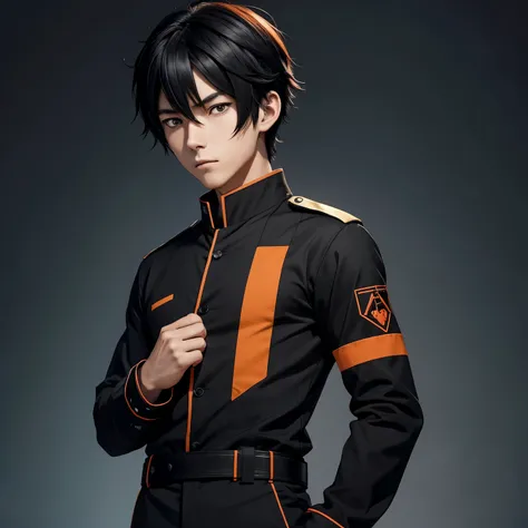 Anime boy protagonist with plain black uniform and orange collar with a detailed logo named Lozíēn