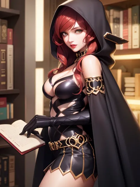 perfect eyes:1.2, detailed eyes:1.4, realistic:1.4, red hair, hair over shoulder, holding book, book, robe, cape, fringe, tentac...