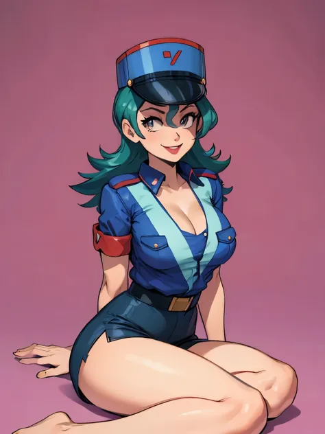 jenny-pokemon, goregous police woman, sitting, perfect legs, ((arms behind back)), unbutton shirt, busty, colossal cleavage, lip...