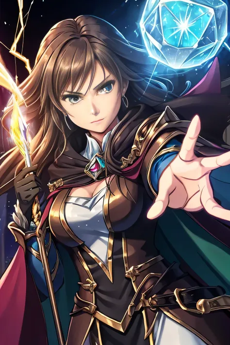 In the captivating world of anime, a female wizard with an enchanting aura conjures a magical lightning attack against her adversaries. her brown locks cascade down her shoulders, framing her determined face. Clad in an animal skin coat, she dons a pompous...