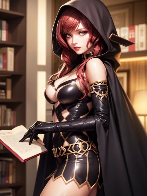 perfect eyes:1.2, detailed eyes:1.4, realistic:1.4, red hair, hair over shoulder, holding book, book, robe, cape, fringe, tentacles, argyle, checkered, clothing cutout, thighhighs, makeup, lipstick, hood up, cleavage, 1girl, solo, (masterpiece:1.6, best qu...