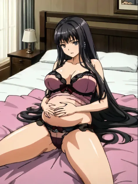 best quality, masterpiece, highres, detailed, digital illustration, himenokisara, black hair, long hair, extra large breasts, home, bed, open legs, lingerie, pregnant ,belts