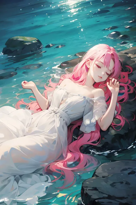 （（upscale，16k，Representative works：1.3）），（Beauty，，Sleep at the bottom of the sea，dark ocean landscape，white dress），Pink green，colorful，flowing hair，（high saturation），（colorful的飞溅），colorful的泡泡，（sparkling），Lying on a large rock
